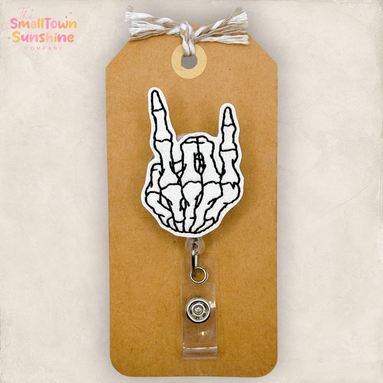Skeleton Rock On Retractable Badge Reel: Halloween ID Holder, Name Tag, Topper, Coworker Gift, Lanyard, MRI Safe, Heavy Duty | GLITTER