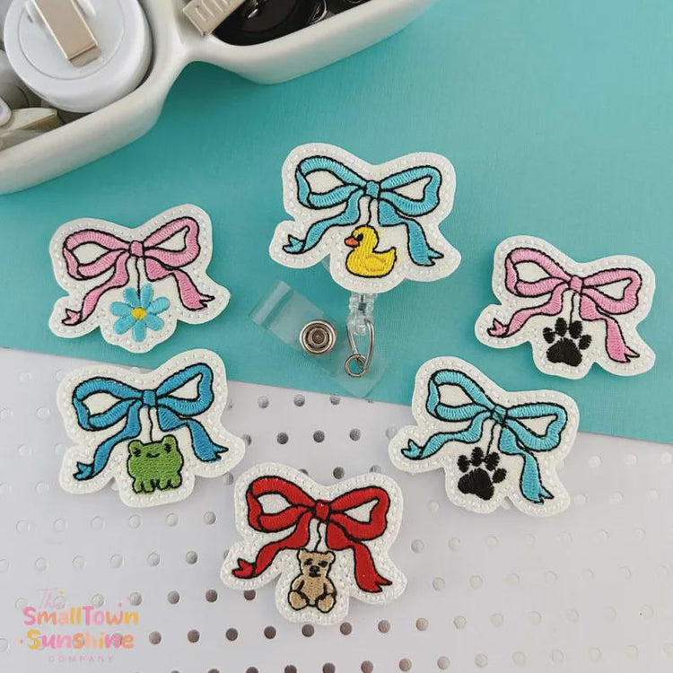 Cute Everyday Bow Retractable Badge Reel Collection: ID Holder, Name Tag, Topper, Coworker Gift, Lanyard, MRI Safe, Heavy Duty | GLITTER
