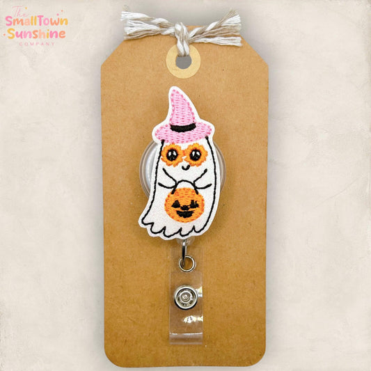 Trick or Treat Ghost Retractable Badge Reel: Halloween ID Holder, Name Tag, Topper, Coworker Gift, Lanyard, MRI Safe, Heavy Duty | GLITTER