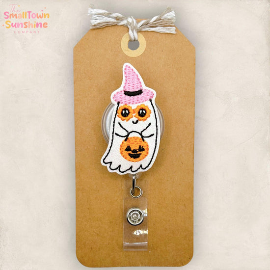 Trick or Treat Ghost Retractable Badge Reel: Halloween ID Holder, Name Tag, Topper, Coworker Gift, Lanyard, MRI Safe, Heavy Duty | GLITTER
