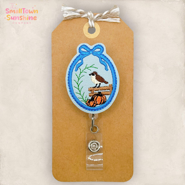 Vintage Fall Bird Cameo Retractable Badge Reel: Autumn ID Holder, Name Tag, Swappable Topper, Coworker Gift, Lanyard, MRI Safe, Heavy Duty