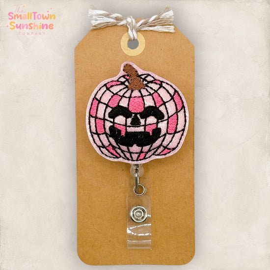 Pink Disco Pumpkin Retractable Badge Reel: Halloween ID Holder, Name Tag, Topper, Coworker Gift, Lanyard, MRI Safe, Heavy Duty | GLITTER