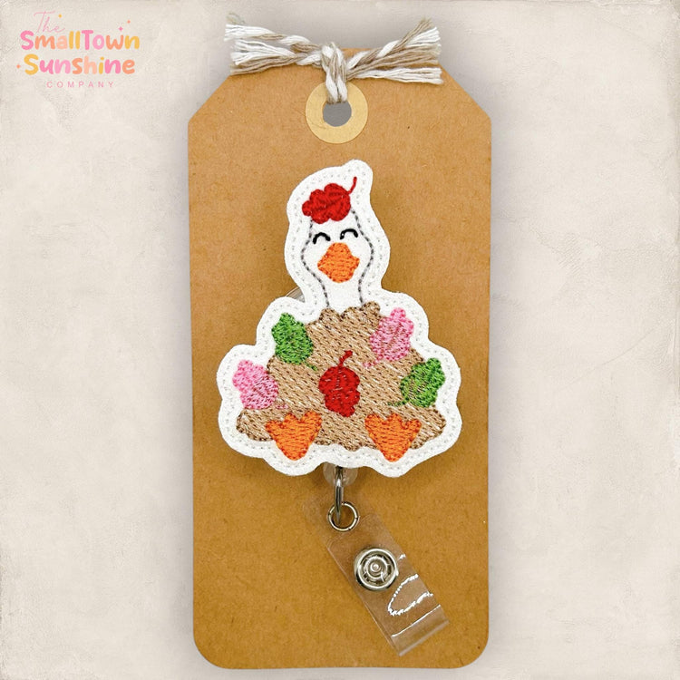 Silly Leaf Pile Goose Retractable Badge Reel: Autumn ID Holder, Name Tag, Topper, Coworker Gift, Lanyard, MRI Safe, Heavy Duty | GLITTER