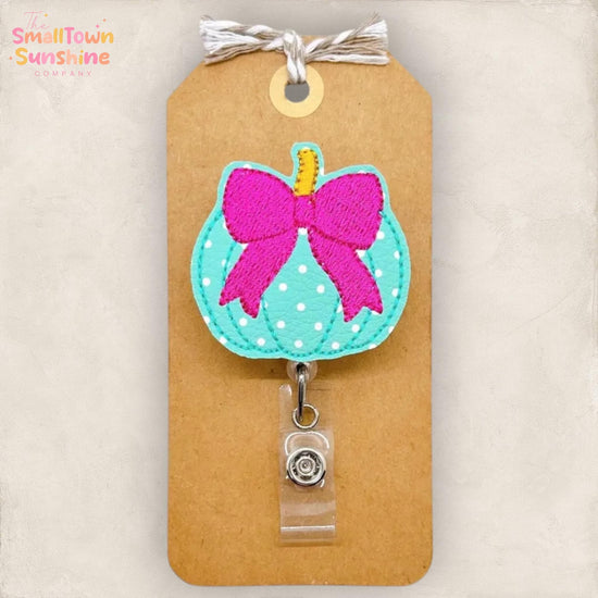 Teal Polka Dot Pumpkin with Bow Retractable Badge Reel: Autumn ID Holder, Name Tag, Topper, Coworker Gift, Lanyard, MRI Safe, Heavy Duty