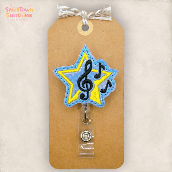 Music Notes Star Retractable Badge Reel: ID Holder, Name Tag, Swappable Topper, Coworker Gift, Teacher Lanyard, MRI Safe, Heavy Duty