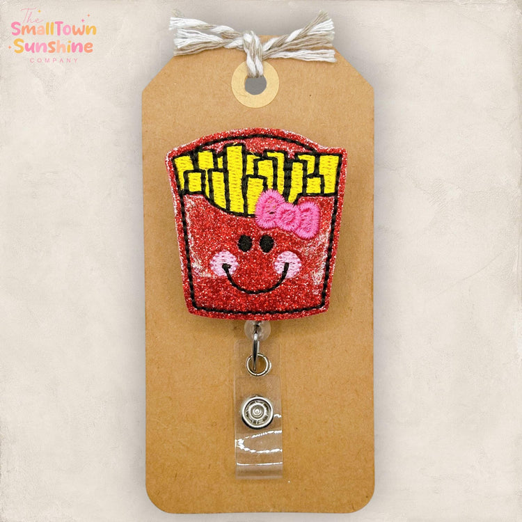 French Fries Retractable Badge Reel: Cute Food ID Holder, Name Tag, Swappable Topper, Coworker Gift, Lanyard, MRI Safe, Heavy-Duty | GLITTER