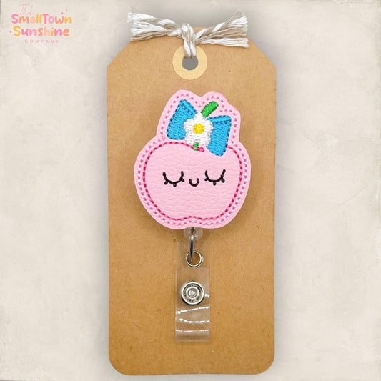 Sweet Pink Apple with Bow Retractable Badge Reel: School ID Holder, Name Tag, Topper, Coworker Gift, Teacher Lanyard, MRI Safe, Heavy Duty