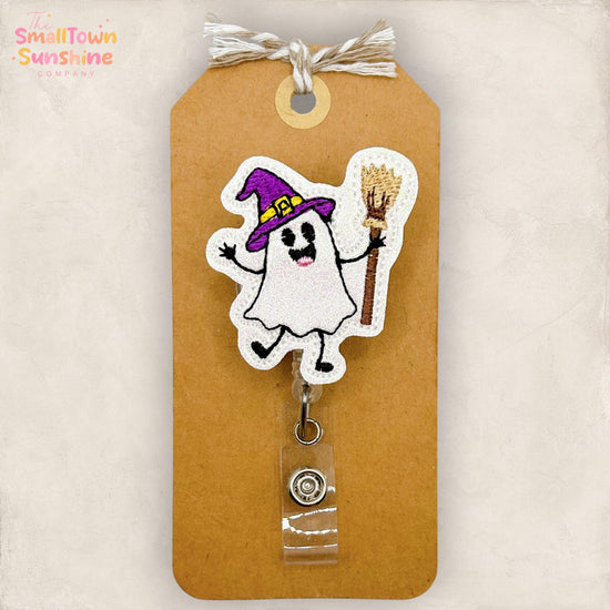 Doodle Ghost Witch Retractable Badge Reel: Halloween ID Holder, Name Tag, Topper, Coworker Gift, Lanyard, MRI Safe, Heavy Duty | GLITTER