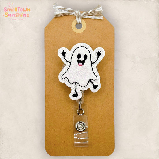Doodle Happy Ghost Retractable Badge Reel: Halloween ID Holder, Name Tag, Topper, Coworker Gift, Lanyard, MRI Safe, Heavy Duty | GLITTER