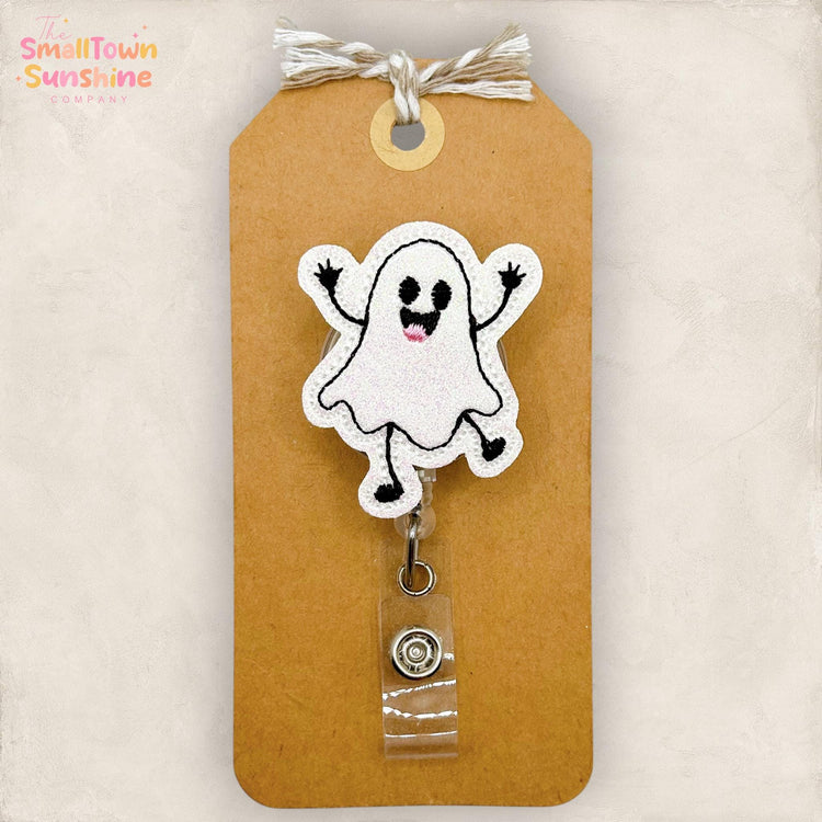Doodle Happy Ghost Retractable Badge Reel: Halloween ID Holder, Name Tag, Topper, Coworker Gift, Lanyard, MRI Safe, Heavy Duty | GLITTER