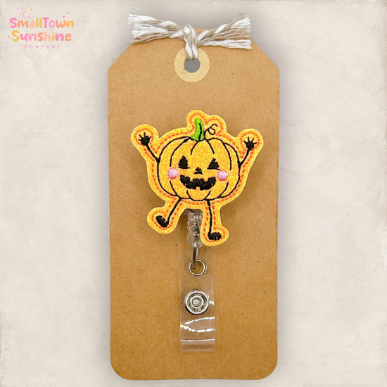Doodle Jack o Lantern Retractable Badge Reel: Halloween ID Holder, Name Tag, Topper, Coworker Gift, Lanyard, MRI Safe, Heavy Duty | GLITTER