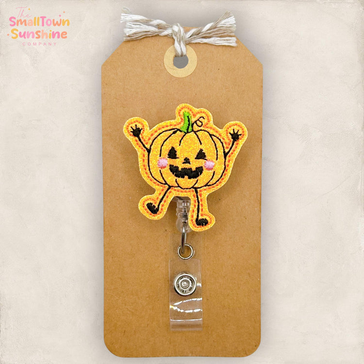 Doodle Jack o Lantern Retractable Badge Reel: Halloween ID Holder, Name Tag, Topper, Coworker Gift, Lanyard, MRI Safe, Heavy Duty | GLITTER
