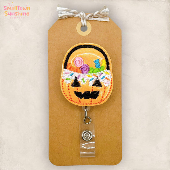 Candy Pumpkin Bucket Retractable Badge Reel: Halloween ID Holder, Name Tag, Swappable Topper, Coworker Gift, Lanyard, MRI Safe, Heavy Duty