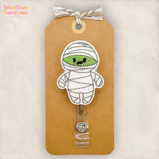 Cute Mummy Retractable Badge Reel: Halloween ID Holder, Name Tag, Swappable Topper, Coworker Gift, Lanyard, MRI Safe, Heavy Duty | GLITTER