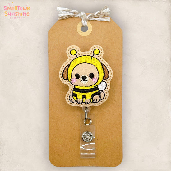 Bee Costume Puppy Retractable Badge Reel: Halloween ID Holder, Name Tag, Swappable Topper, Coworker Gift, Lanyard, MRI Safe, Heavy Duty