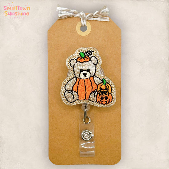 Pumpkin Bear Retractable Badge Reel: Halloween ID Holder, Name Tag, Swappable Topper, Coworker Gift, Lanyard, MRI Safe, Heavy Duty | GLITTER