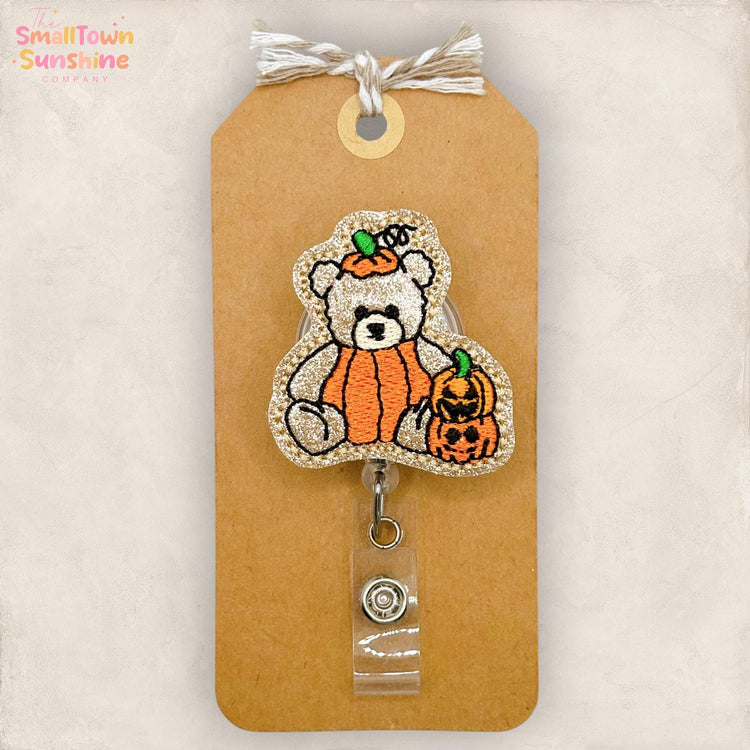 Pumpkin Bear Retractable Badge Reel: Halloween ID Holder, Name Tag, Swappable Topper, Coworker Gift, Lanyard, MRI Safe, Heavy Duty | GLITTER
