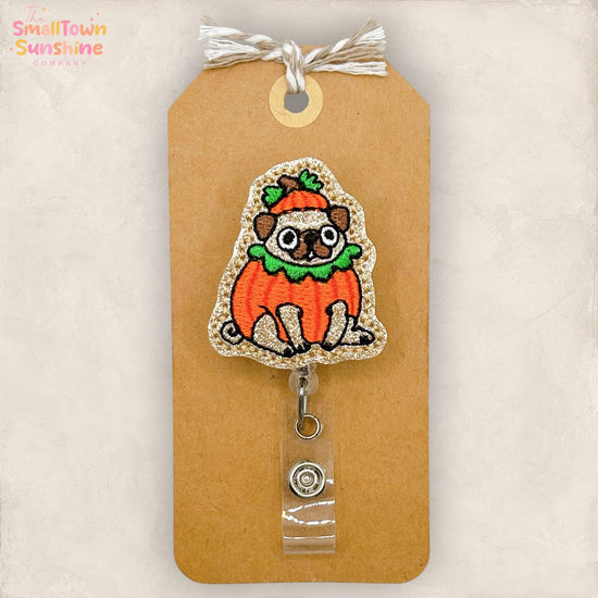 Pumpkin Dog Retractable Badge Reel: Halloween ID Holder, Name Tag, Swappable Topper, Coworker Gift, Lanyard, MRI Safe, Heavy Duty | GLITTER