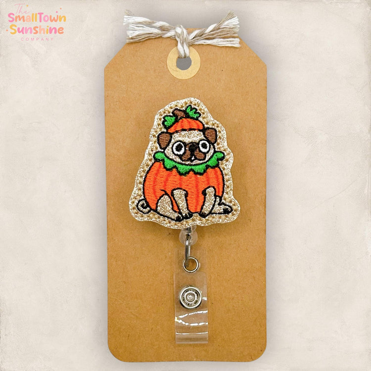 Pumpkin Dog Retractable Badge Reel: Halloween ID Holder, Name Tag, Swappable Topper, Coworker Gift, Lanyard, MRI Safe, Heavy Duty | GLITTER
