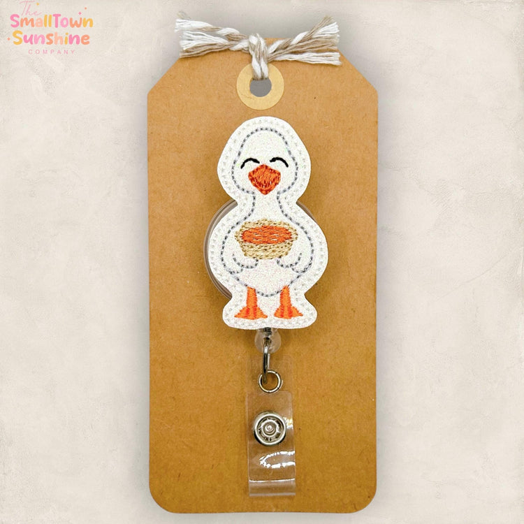 Pumpkin Pie Goose Retractable Badge Reel: Thanksgiving ID Holder, Name Tag, Topper, Coworker Gift, Lanyard, MRI Safe, Heavy Duty | GLITTER