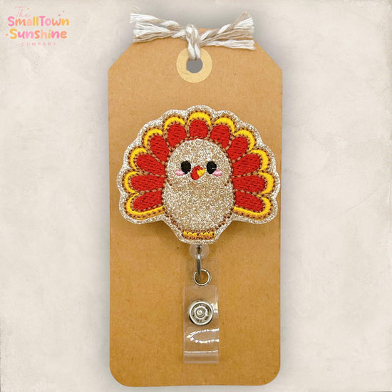 Fall Turkey Retractable Badge Reel: Thanksgiving ID Holder, Name Tag, Topper, Coworker Gift, Lanyard, MRI Safe, Heavy Duty | GLITTER