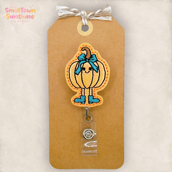 Pumpkin Girl Retractable Badge Reel: Cute Fall ID Holder, Name Tag, Swappable Topper, Coworker Gift, Lanyard, MRI Safe, Heavy Duty