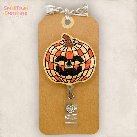 Orange Disco Pumpkin Retractable Badge Reel: Halloween ID Holder, Name Tag, Topper, Coworker Gift, Lanyard, MRI Safe, Heavy Duty Options