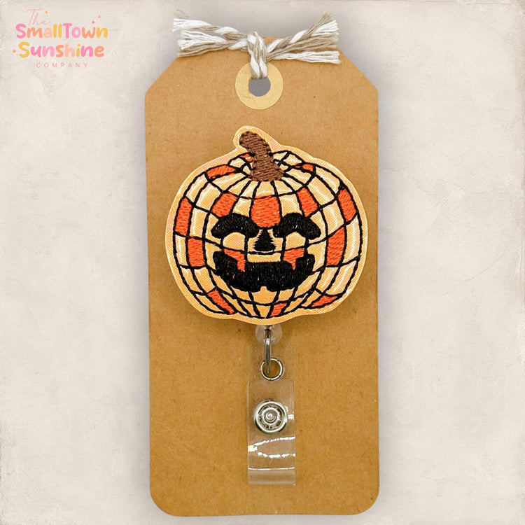 Orange Disco Pumpkin Retractable Badge Reel: Halloween ID Holder, Name Tag, Topper, Coworker Gift, Lanyard, MRI Safe, Heavy Duty Options