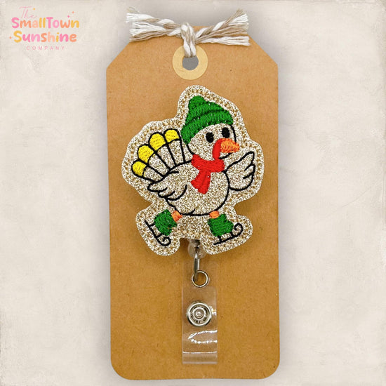 Skating Turkey Retractable Badge Reel: Thanksgiving ID Holder, Name Tag, Topper, Coworker Gift, Lanyard, MRI Safe, Heavy Duty | GLITTER