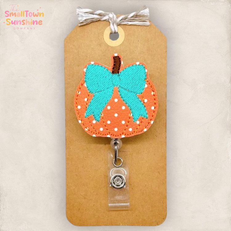Orange Polka Dot Pumpkin with Bow Retractable Badge Reel: Autumn ID Holder, Name Tag, Topper, Coworker Gift, Lanyard, MRI Safe, Heavy Duty