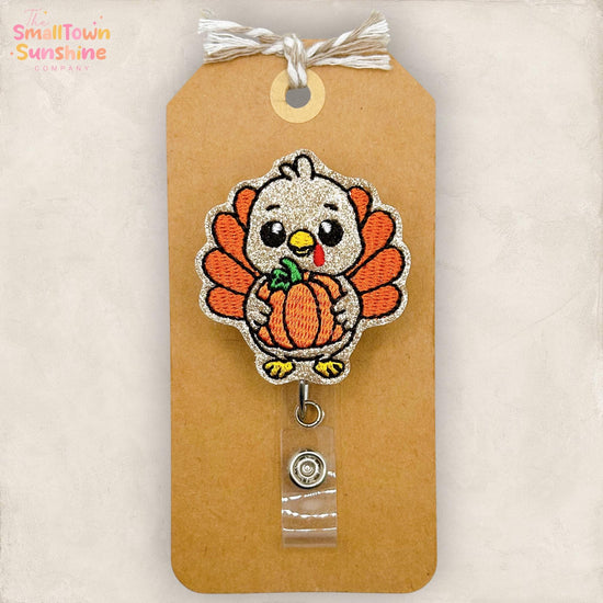 Turkey with Pumpkin Retractable Badge Reel: Thanksgiving ID Holder, Name Tag, Topper, Coworker Gift, Lanyard, MRI Safe, Heavy Duty | GLITTER