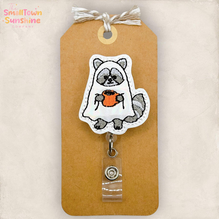Raccoon Ghost with Coffee Retractable Badge Reel: Halloween ID Holder, Name Tag, Topper, Coworker Gift, Lanyard, MRI Safe, Heavy Duty
