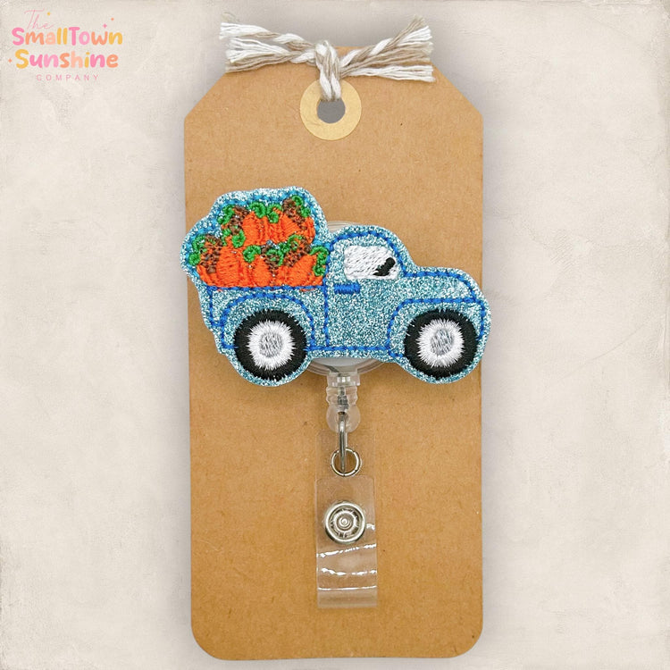 Pumpkin Truck Retractable Badge Reel: Fall ID Holder, Name Tag, Swappable Topper, Coworker, Lanyard, MRI Safe, Heavy Duty | GLITTER