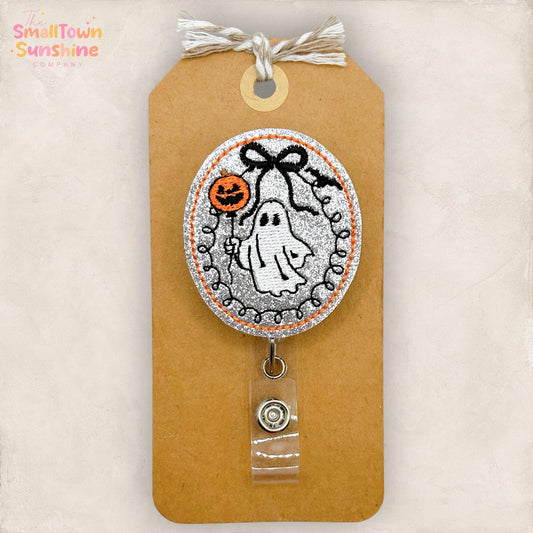 Halloween Ghost Retractable Badge Reel: Spooky Season ID Holder, Name Tag, Topper, Coworker Gift, Lanyard, MRI Safe, Heavy Duty | GLITTER