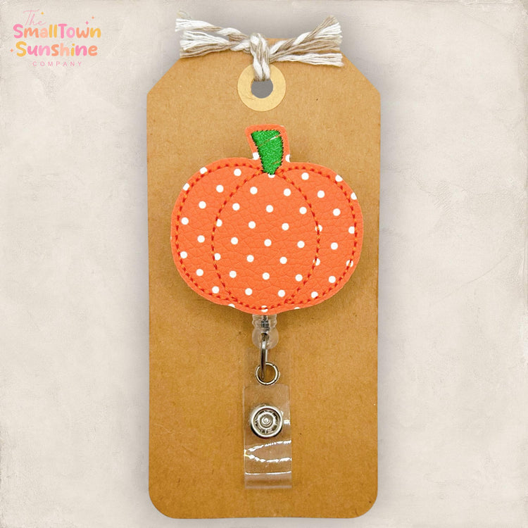 Polka Dot Orange Pumpkin Retractable Badge Reel: Fall ID Holder, Name Tag, Swappable Topper, Coworker Gift, Lanyard, MRI Safe, Heavy Duty