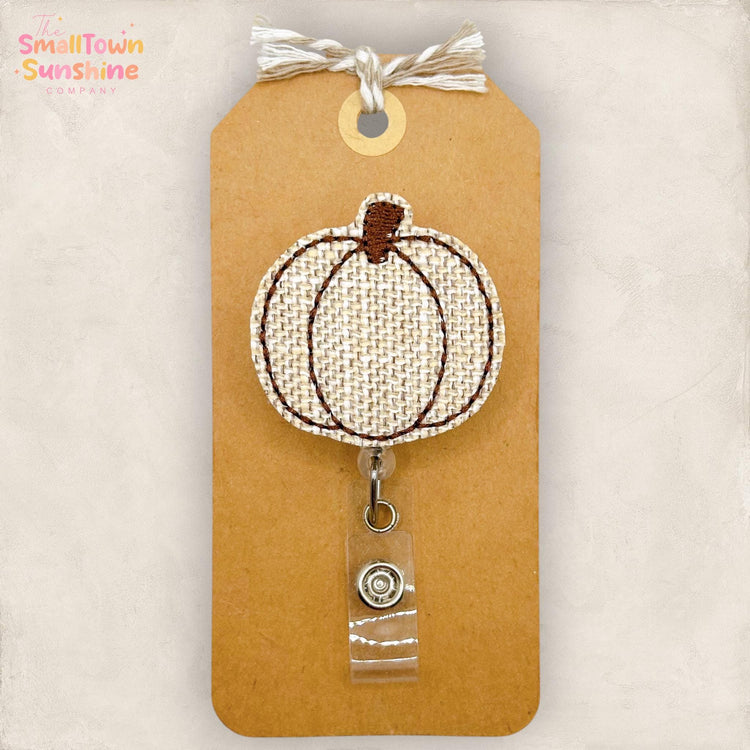 Burlap Pumpkin Retractable Badge Reel: Fall ID Holder, Name Tag, Swappable Topper, Coworker Gift, Lanyard, MRI Safe, Heavy Duty