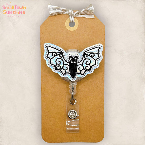 Bat Swirls Retractable Badge Reel: Halloween ID Holder, Name Tag, Swappable Topper, Coworker Gift, Lanyard, MRI Safe, Heavy Duty