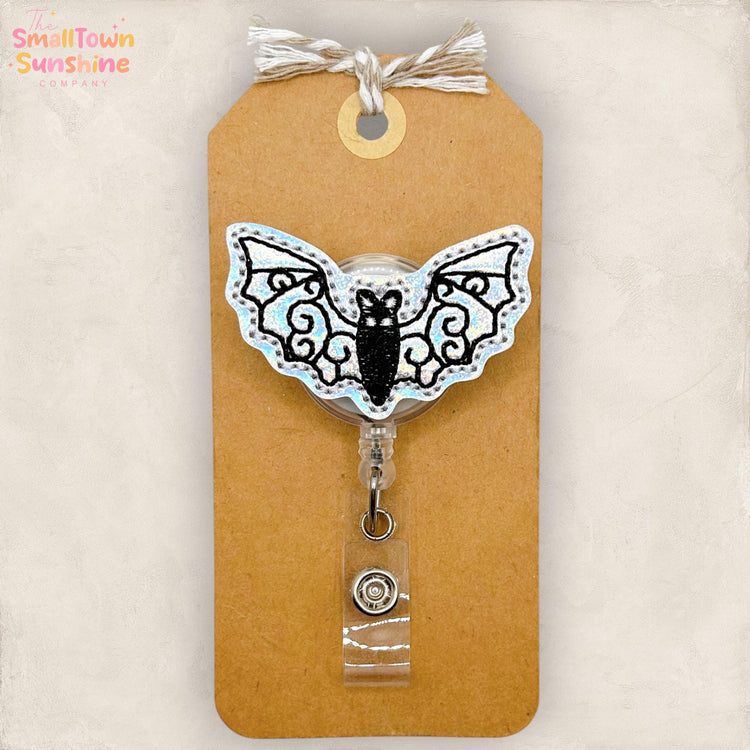 Bat Swirls Retractable Badge Reel: Halloween ID Holder, Name Tag, Swappable Topper, Coworker Gift, Lanyard, MRI Safe, Heavy Duty