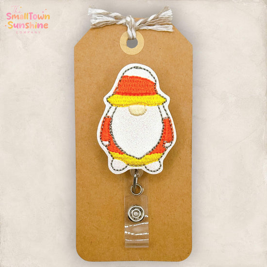 Candy Corn Gnome Retractable Badge Reel: Halloween ID Holder, Name Tag, Topper, Coworker Gift, Lanyard, MRI Safe, Heavy Duty | GLITTER