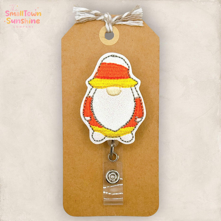 Candy Corn Gnome Retractable Badge Reel: Halloween ID Holder, Name Tag, Topper, Coworker Gift, Lanyard, MRI Safe, Heavy Duty | GLITTER