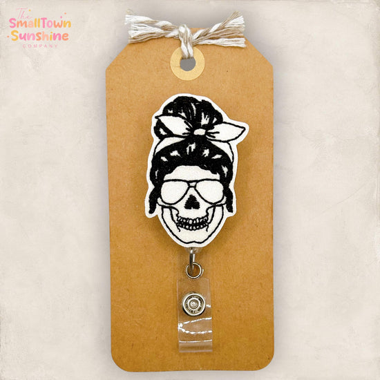Dead Tired Skeleton Retractable Badge Reel: Halloween ID Holder, Name Tag, Topper, Coworker Gift, Lanyard, MRI Safe, Heavy Duty | GLITTER