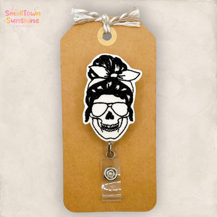 Dead Tired Skeleton Retractable Badge Reel: Halloween ID Holder, Name Tag, Topper, Coworker Gift, Lanyard, MRI Safe, Heavy Duty | GLITTER