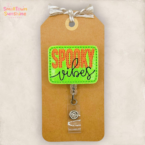 Spooky Vibes Retractable Badge Reel: Halloween ID Holder, Name Tag, Swappable Topper, Coworker Gift, Lanyard, MRI Safe, Heavy Duty | GLITTER