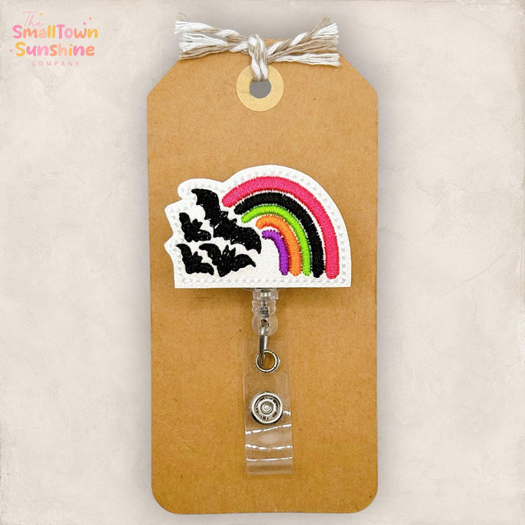 Halloween Rainbow Retractable Badge Reel: Bats ID Holder, Name Tag, Swappable Topper, Coworker Gift, Lanyard, MRI Safe, Heavy Duty | GLITTER