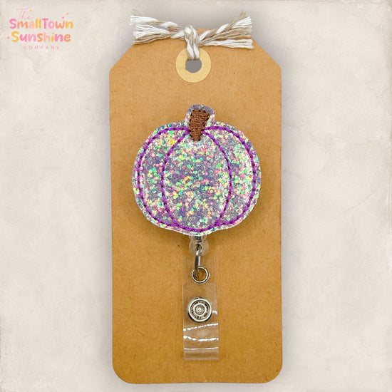 Glitter Purple Pumpkin Retractable Badge Reel: Fall ID Holder, Name Tag, Swappable Topper, Coworker Gift, Lanyard, MRI Safe, Heavy Duty