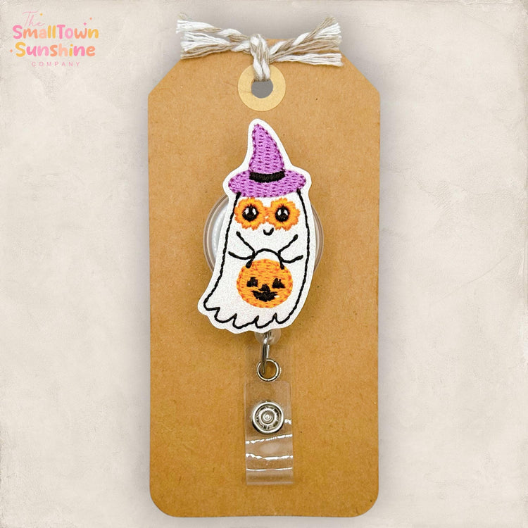 Trick or Treat Ghost Retractable Badge Reel: Halloween ID Holder, Name Tag, Topper, Coworker Gift, Lanyard, MRI Safe, Heavy Duty | GLITTER