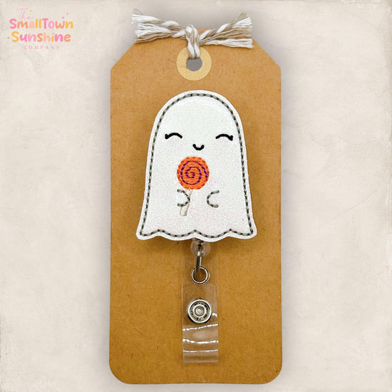 Ghost with Candy Retractable Badge Reel: Halloween ID Holder, Name Tag, Topper, Coworker Gift, Lanyard, MRI Safe, Heavy Duty | GLITTER