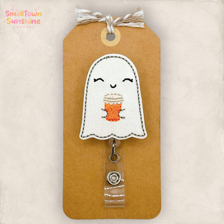 Ghost with Coffee Retractable Badge Reel: Halloween ID Holder, Name Tag, Topper, Coworker Gift, Lanyard, MRI Safe, Heavy Duty | GLITTER