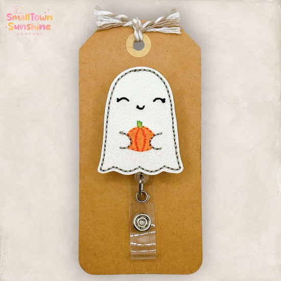 Ghost with Pumpkin Retractable Badge Reel: Halloween ID Holder, Name Tag, Topper, Coworker Gift, Lanyard, MRI Safe, Heavy Duty | GLITTER