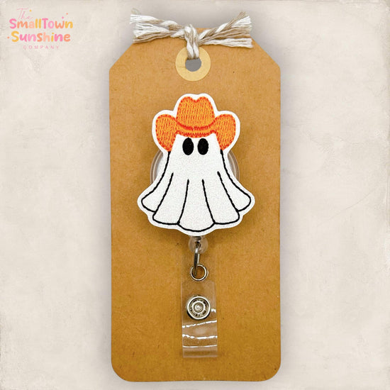 Cowboy Ghost Retractable Badge Reel: Halloween ID Holder, Name Tag, Swappable Topper, Coworker Gift, Lanyard, MRI Safe, Heavy Duty | GLITTER